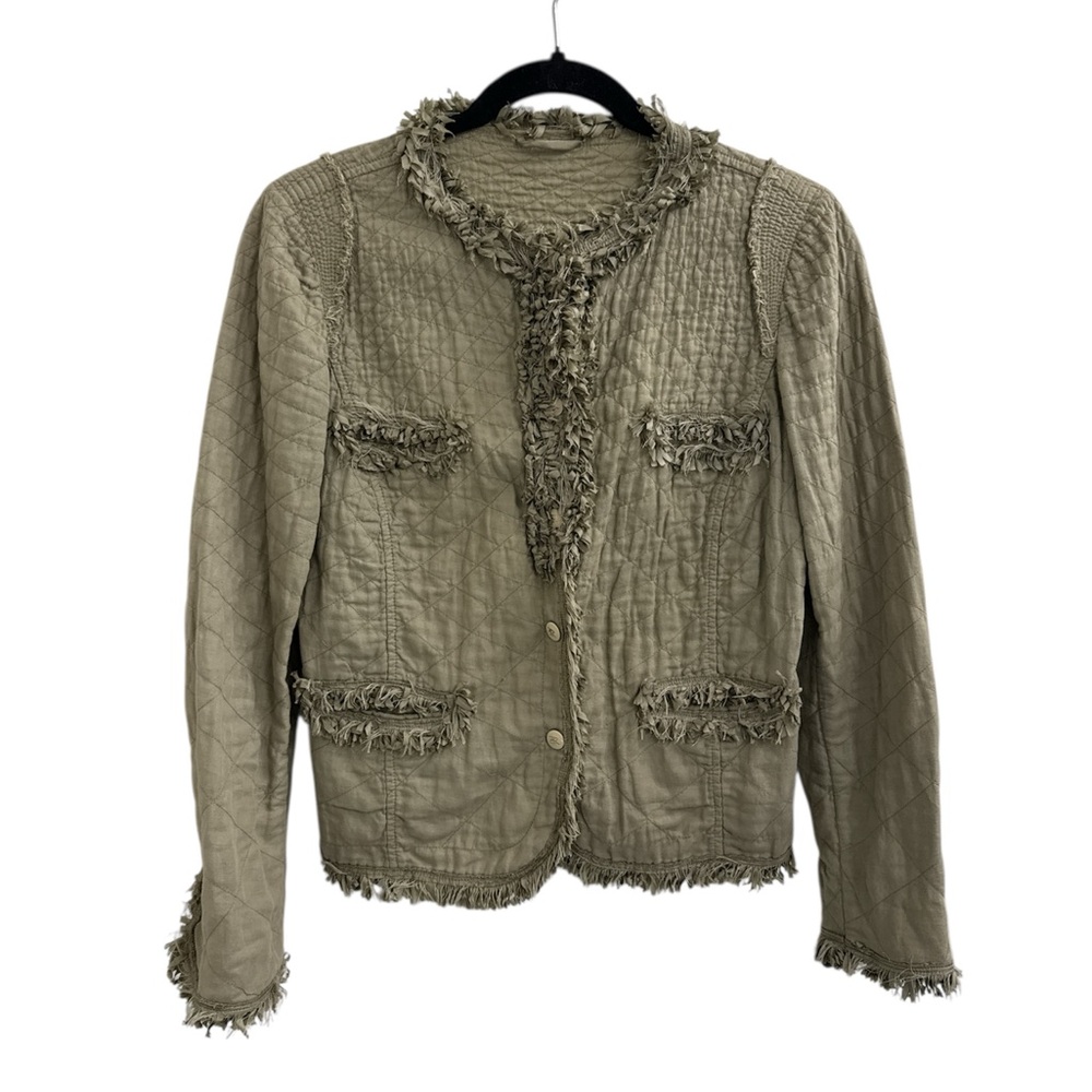 Ermanno Scervino Olive Quilted Button Up Blazer with Fringe Size 42 (US Small)
